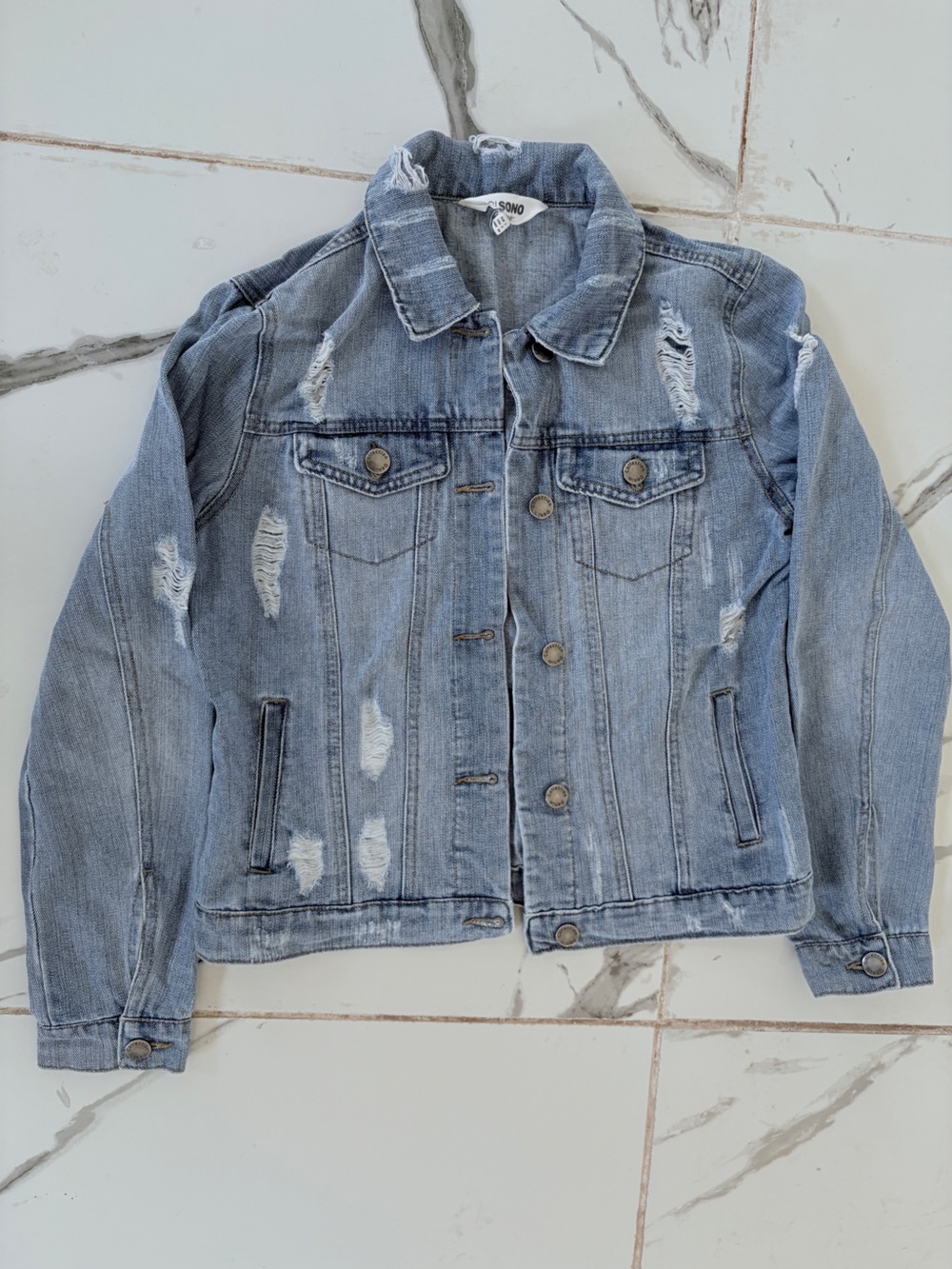 Light Wash Distressed Denim Jacket - Blue